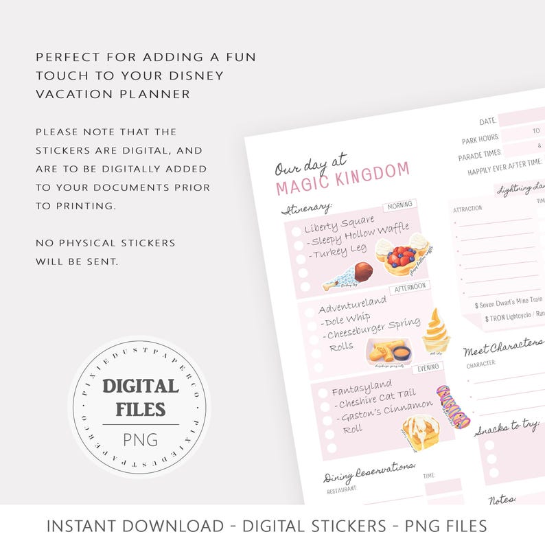 Op de afbeelding: Een digitale Disney-vakantieplanner met een roze en wit ontwerp. De planner bevat secties voor route, dinerreserveringen en notities. De tekst bevat "Our day at Magic Kingdom" en "Digital Files PNG".