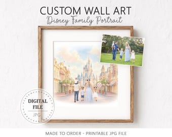 Arte digital personalizado de parque temático mágico, retrato familiar personalizado en acuarela de un viaje mágico, regalo de recuerdo de vacaciones familiares