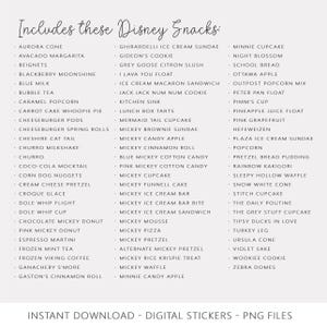 Op de afbeelding: Een digitale print met een lijst van Disney-snacks, waaronder Aurora Cone, Mickey Brownie Sundae en Zebra Domes. De tekst is in handschriftstijl, met de titel "Includes these Disney Snacks". De onderste tekst luidt "Instant Download - Digital Stickers - PNG Files."