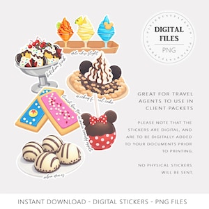 Op de afbeelding: Digitale PNG-stickers met diverse desserts, waaronder een kitchen sink sundae, Dole Whip flights, Mickey funnel cake, lunch box tart, Minnie candy apple en zebra domes. Voor reisagenten.