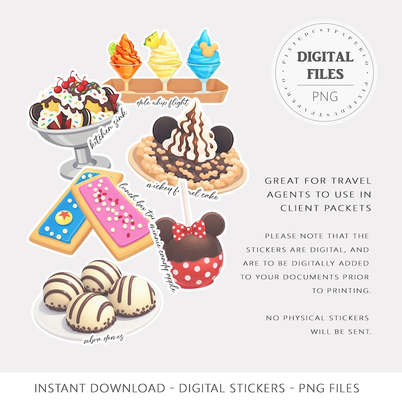 Op de afbeelding: Digitale PNG-stickers met diverse desserts, waaronder een kitchen sink sundae, Dole Whip flights, Mickey funnel cake, lunch box tart, Minnie candy apple en zebra domes. Voor reisagenten.