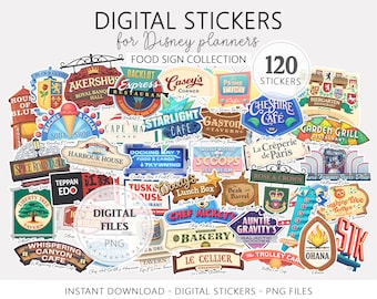 Stickerbundel voedselbord voor vakantieplanners themaparken, muisdinerpictogrammen png, png Digitale stickers voor magische reisbureaus