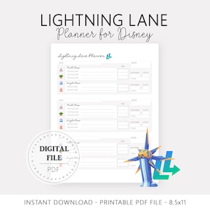 May include: A white Lightning Lane Planner for Disney, with the text "LIGHTNING LANE Planner for Disney" at the top. The planner includes sections for dates, ride selections, and notes. A digital file is available in PDF format.