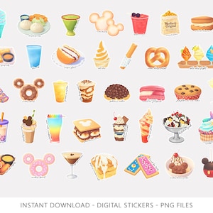 Op de afbeelding: Een verzameling digitale stickers met verschillende desserts en snacks, waaronder ijsjes, donuts, pretzels en cupcakes. De stickers zijn kleurrijk en gedetailleerd, met tekstlabels die elk item identificeren. De tekst "INSTANT DOWNLOAD - DIGITAL STICKERS - PNG FILES" staat onderaan.
