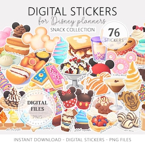 Op de afbeelding: Een verzameling van 76 digitale stickers voor Disney planners, met diverse snacks en desserts. De afbeelding toont Mickey Mouse-vormige lekkernijen, ijs en gebak. Beschikbaar als PNG-bestanden.