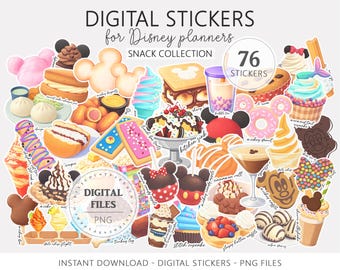 Paquete de pegatinas digitales de snacks y bebidas para planificadores de vacaciones mágicas, snacks de parques temáticos PNG, pegatinas digitales PNG para la planificación de viajes de Mouse