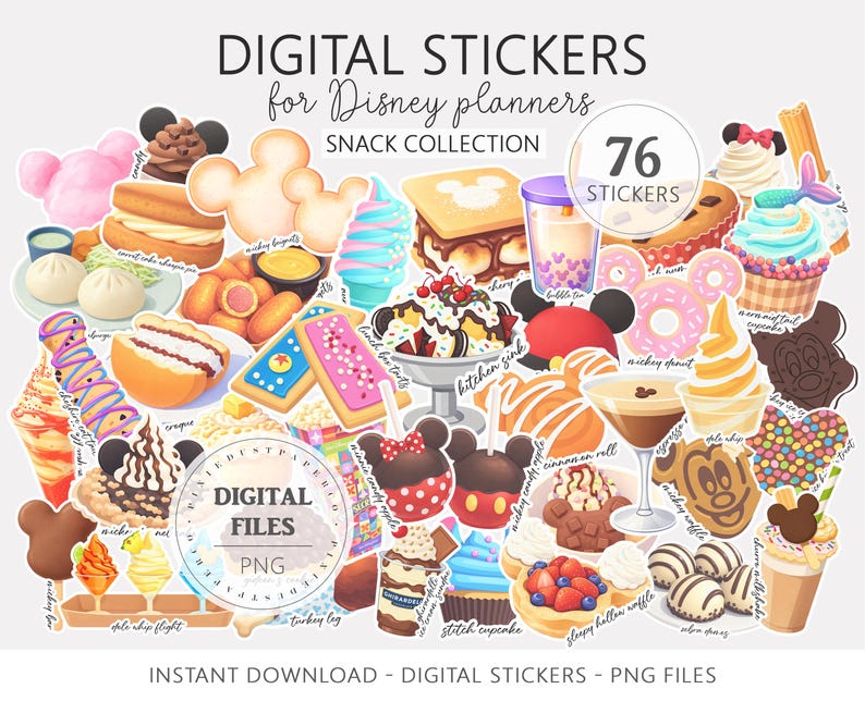 Op de afbeelding: Een verzameling van 76 digitale stickers voor Disney planners, met diverse snacks en desserts. De afbeelding toont Mickey Mouse-vormige lekkernijen, ijs en gebak. Beschikbaar als PNG-bestanden.