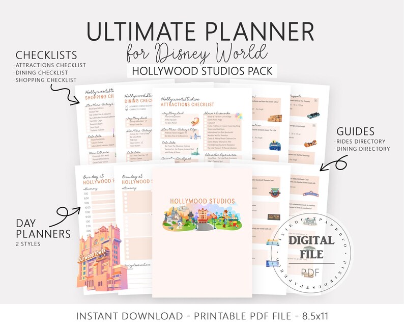 Pu&ograve; includere: Un pianificatore digitale stampabile per gli Hollywood Studios di Disney World. Il pianificatore include liste di controllo, pianificatori giornalieri e guide. La copertina presenta un'illustrazione colorata degli Hollywood Studios. Formato 8,5x11 pollici.