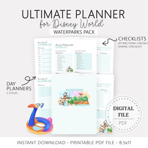 Pu&ograve; includere: Un pianificatore PDF digitale per i parchi acquatici di Disney World. Il pianificatore include pianificatori giornalieri, liste di controllo e una copertina con un'illustrazione ad acquerello di un parco acquatico. Il testo recita "ULTIMATE PLANNER for Disney World WATERPARKS PACK".
