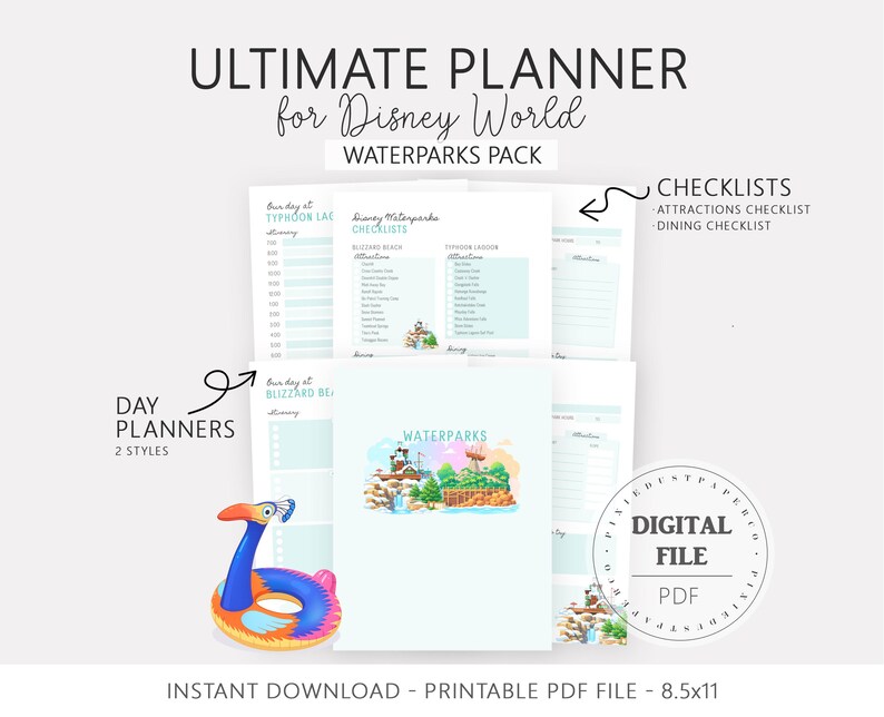 Pu&ograve; includere: Un pianificatore PDF digitale per i parchi acquatici di Disney World. Il pianificatore include pianificatori giornalieri, liste di controllo e una copertina con un'illustrazione ad acquerello di un parco acquatico. Il testo recita "ULTIMATE PLANNER for Disney World WATERPARKS PACK".