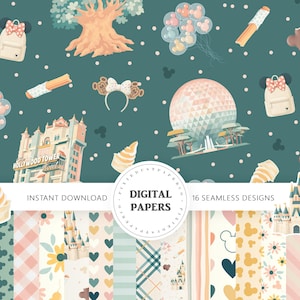 May include: A seamless digital paper pattern featuring theme park icons like the Hollywood Tower Hotel, a geodesic sphere, castles, mouse-ear backpacks, churros, ice cream, and balloons on a dark teal background with white polka dots and text.