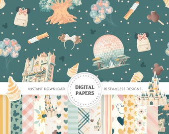Paquete de patrones sin costuras de parques temáticos en tonos pastel, fondos digitales inspirados en ratones, paquete de papeles para álbumes de recortes de parques temáticos, papel digital sin costuras