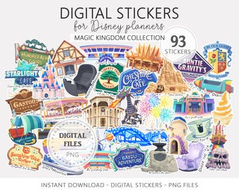 Paquete de pegatinas digitales para planificadores de vacaciones mágicas, imágenes prediseñadas de iconos de Magic Kingdom, pegatinas digitales PNG para agentes de viajes Mouse.