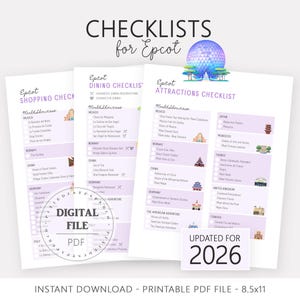 Op de afbeelding: Een set van drie afdrukbare Epcot-checklists op wit papier met paarse accenten. De checklists omvatten winkelen, dineren en attracties, met de tekst "Bijgewerkt voor 2026". De bovenste tekst luidt "Checklists voor Epcot."