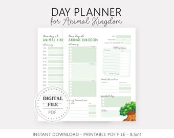 Planificador imprimible para Disney World, viaje mágico en familia, guía de vacaciones en WDW, itinerario de un día en Animal Kingdom.
