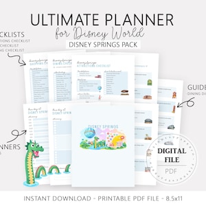Pu&ograve; includere: Una raccolta di pagine di pianificazione PDF stampabili per Disney World, tra cui liste di controllo, pianificatori giornalieri e una directory dei ristoranti. La copertina presenta un'illustrazione colorata di Disney Springs. Formato 8,5x11 pollici.