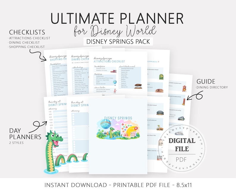 Pu&ograve; includere: Una raccolta di pagine di pianificazione PDF stampabili per Disney World, tra cui liste di controllo, pianificatori giornalieri e una directory dei ristoranti. La copertina presenta un'illustrazione colorata di Disney Springs. Formato 8,5x11 pollici.