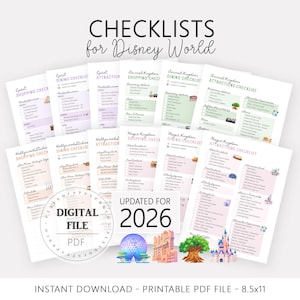 Könnte beinhalten: Eine Sammlung druckbarer Checklisten für Disney World, einschließlich Einkaufs-, Essens- und Attraktionsführern. Das Design zeigt eine Vielzahl von Pastellfarben und Illustrationen ikonischer Park-Wahrzeichen. Der Text lautet "CHECKLISTS for Disney World" und "UPDATED FOR 2026".