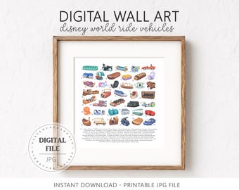Catálogo de vehículos de atracciones de parques temáticos, arte digital para pared, lámina de arte de atracciones mágicas (descarga instantánea), lámina de arte mágica de parques temáticos para imprimir
