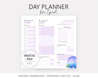 Planificador imprimible para Disney World, viaje mágico en familia, guía de vacaciones en WDW, itinerario de un día en Epcot.