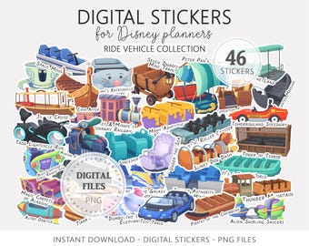 Paquete de pegatinas digitales de vehículos de atracciones para planificadores de vacaciones mágicas, PNG de atracciones de parques temáticos, pegatinas digitales PNG para la planificación de viajes con ratones