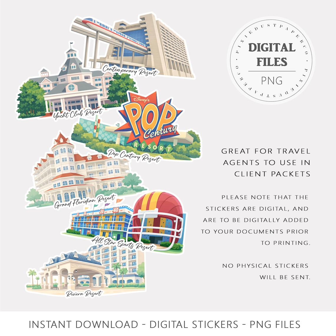 Resort Hotel Digital Sticker Bundle for Vacation Planners, Mouse Resort ...