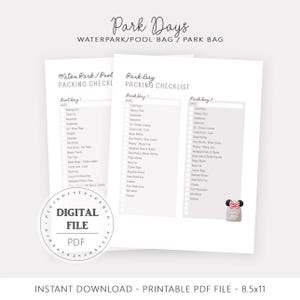 May include: Two white printable checklists titled "Park Days" with "Waterpark/Pool Bag/Park Bag" at the top. The checklists include packing lists for a water park and a park day. A digital file logo is in the lower left corner.