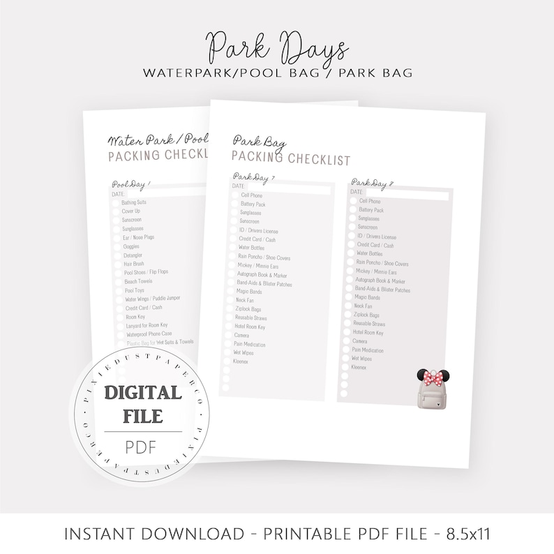 May include: Two white printable checklists titled "Park Days" with "Waterpark/Pool Bag/Park Bag" at the top. The checklists include packing lists for a water park and a park day. A digital file logo is in the lower left corner.