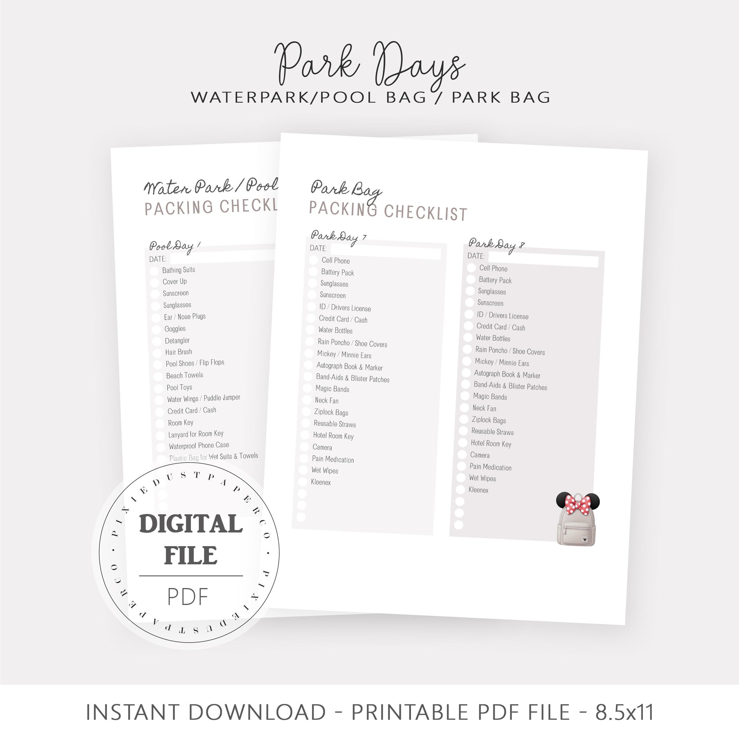 Packing Checklist for Disney Trip, Theme Park Printable Packing ...