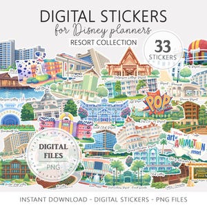 Peut inclure: Un ensemble de 33 autocollants numériques pour planificateurs Disney, présentant des illustrations colorées de divers bâtiments et monuments de villégiature. Les autocollants incluent du texte tel que "Boardwalk", "Pop Century" et "Art of Animation Resort". Le texte "Digital Stickers - PNG Files" est également présent.
