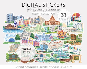 Paquete de pegatinas digitales de hoteles resort para planificadores de vacaciones, iconos PNG de hoteles resort con diseño de ratón, pegatinas digitales PNG para agentes de viajes mágicos.