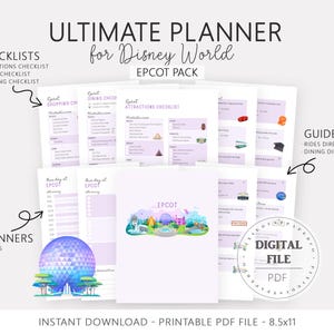 Pu&ograve; includere: Un pianificatore PDF stampabile per Epcot a Disney World, con liste di controllo, pianificatori giornalieri e guide. Il design include un'illustrazione colorata di Epcot e il testo "Ultimate Planner for Disney World". Il file digitale &egrave; di 8,5x11 pollici.