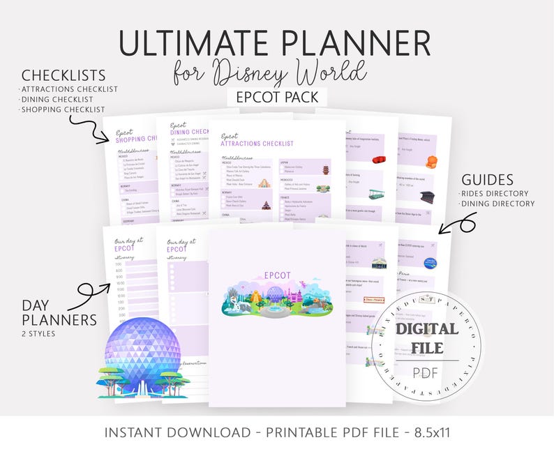 Pu&ograve; includere: Un pianificatore PDF stampabile per Epcot a Disney World, con liste di controllo, pianificatori giornalieri e guide. Il design include un'illustrazione colorata di Epcot e il testo "Ultimate Planner for Disney World". Il file digitale &egrave; di 8,5x11 pollici.