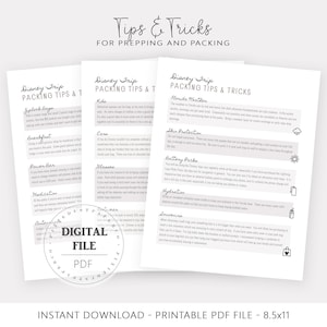 May include: Three white pages with text titled "Tips & Tricks for Prepping and Packing" and "Disney Trip Packing Tips & Tricks." The pages include tips on topics like Ziplock bags, breakfast, and medication. A digital file logo is in the center.