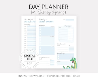 Planificador imprimible para Disney World, viaje mágico en familia, guía de vacaciones en WDW, itinerario de un día en Disney Springs.