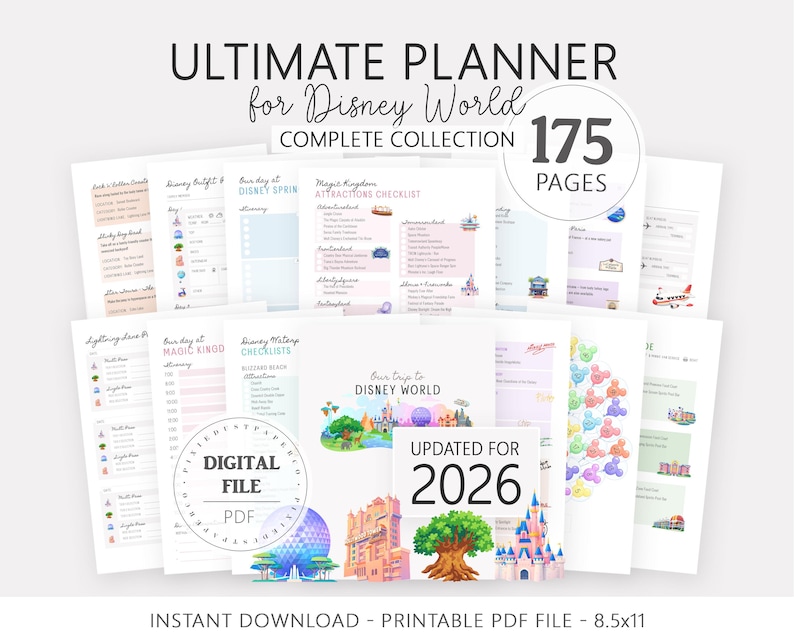 Pu&ograve; includere: Una raccolta di pagine di pianificazione PDF stampabili per Disney World, con liste di controllo, itinerari e guide alle attrazioni. Il pianificatore include 175 pagine ed &egrave; aggiornato per il 2026. Le pagine misurano 21,59 x 27,94 cm.