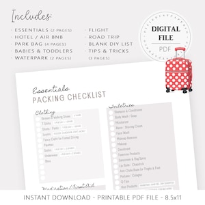May include: A printable packing checklist with sections for clothing, toiletries, and medication. The checklist includes categories like essentials, flight, and road trip. A red polka-dot suitcase graphic is in the corner. The text reads "Instant Download - Printable PDF File - 21.6 x 27.9 cm".