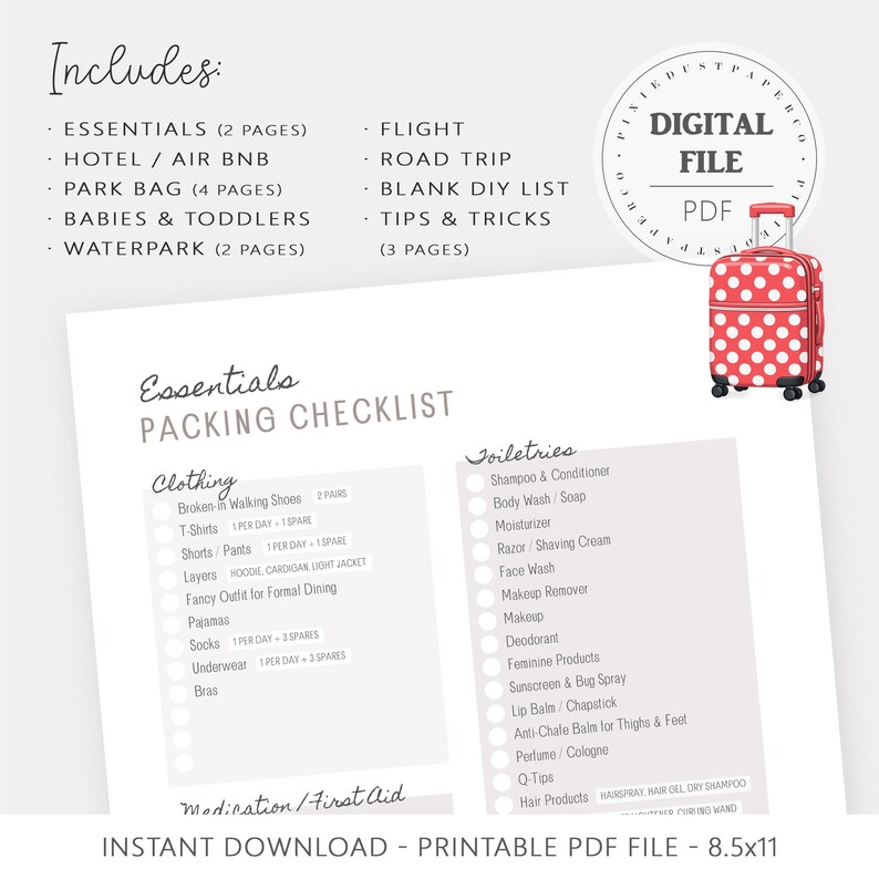 May include: A printable packing checklist with sections for clothing, toiletries, and medication. The checklist includes categories like essentials, flight, and road trip. A red polka-dot suitcase graphic is in the corner. The text reads "Instant Download - Printable PDF File - 21.6 x 27.9 cm".