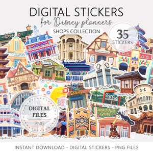 May include: A collection of digital stickers for Disney planners featuring various shop designs. The image includes stickers of buildings with the text "DIGITAL STICKERS" and "SHOPS COLLECTION". The stickers are in PNG files and are available for instant download.