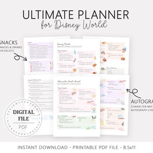 Pu&ograve; includere: Un pianificatore PDF stampabile per Disney World, con liste di controllo per snack, bevande, incontri con i personaggi e autografi. Il pianificatore include il testo "ULTIMATE PLANNER for Disney World", formato 21,6 x 27,9 cm.