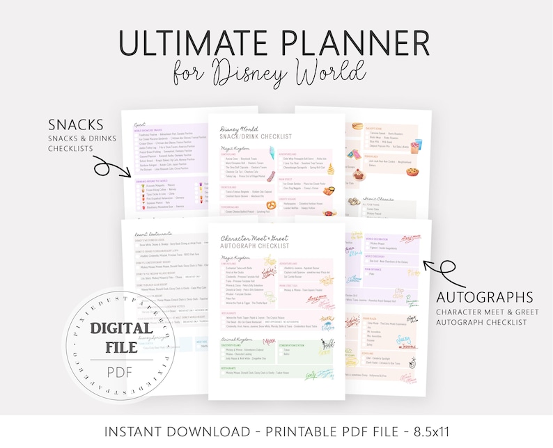 Pu&ograve; includere: Un pianificatore PDF stampabile per Disney World, con liste di controllo per snack, bevande, incontri con i personaggi e autografi. Il pianificatore include il testo "ULTIMATE PLANNER for Disney World", formato 21,6 x 27,9 cm.