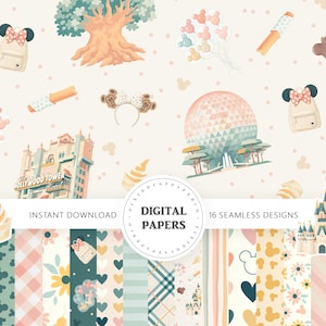 May include: A digital paper collection featuring 16 seamless designs with illustrations of theme park icons, including a geodesic dome, a hotel, a castle, backpacks, mouse ears, balloons, and snacks on a cream background with polka dots.