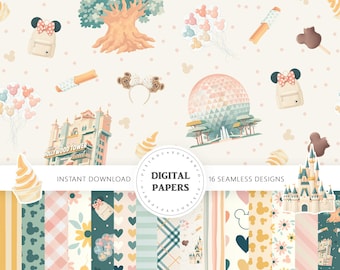 Paquete de patrones sin costuras de parques temáticos en tonos pastel, fondos digitales inspirados en ratones, paquete de papeles para álbumes de recortes de parques temáticos, papel digital sin costuras
