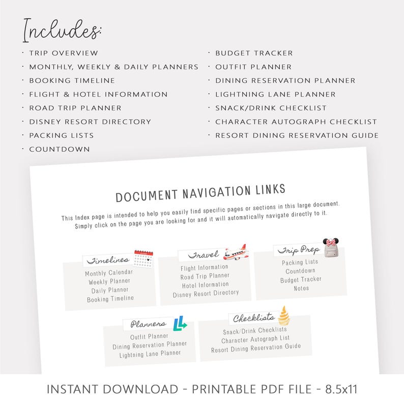 Pu&ograve; includere: Un documento PDF stampabile con sfondo bianco, con elementi di pianificazione del viaggio come tempistiche, pianificatori e liste di controllo. Il documento include il testo "DOWNLOAD IMMEDIATO - FILE PDF STAMPABILE - 8.5x11" (21,6 x 27,9 cm).