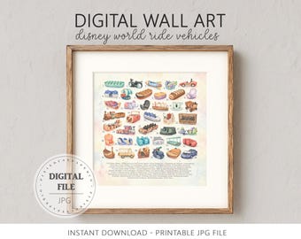 Catálogo de vehículos de atracciones de parques temáticos, arte digital en acuarela para pared, lámina de arte de atracciones mágicas, lámina de arte imprimible de parques temáticos mágicos