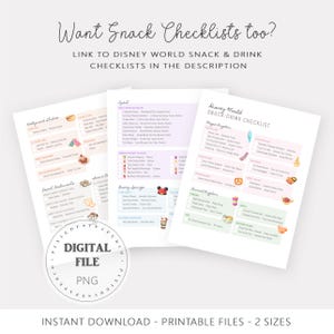 Op de afbeelding: Drie afdrukbare Disney World snack checklists met roze en witte achtergronden. De checklists bevatten tekst en kleine illustraties van snacks en drankjes. Bovenin staat de tekst "Want Snack Checklists too?" en "LINK TO DISNEY WORLD SNACK & DRINK CHECKLISTS IN THE DESCRIPTION."