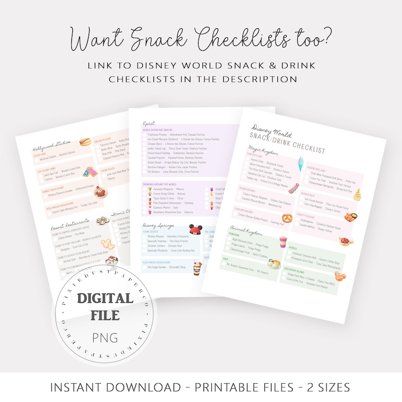 Op de afbeelding: Drie afdrukbare Disney World snack checklists met roze en witte achtergronden. De checklists bevatten tekst en kleine illustraties van snacks en drankjes. Bovenin staat de tekst "Want Snack Checklists too?" en "LINK TO DISNEY WORLD SNACK & DRINK CHECKLISTS IN THE DESCRIPTION."