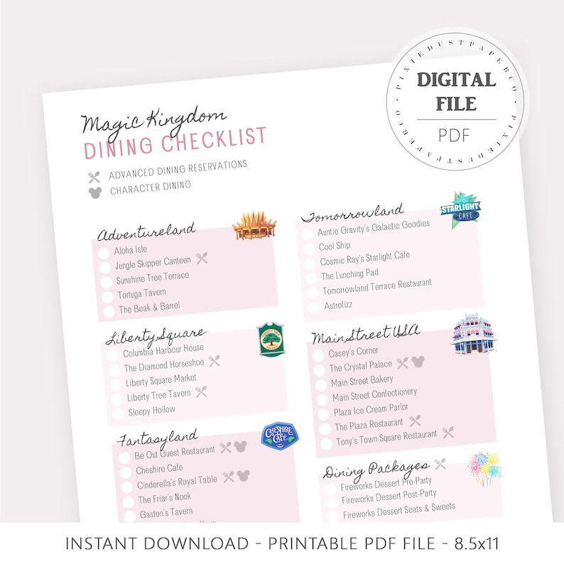 Pu&ograve; includere: Un elenco di ristoranti di Magic Kingdom stampabile in un file PDF. Il documento presenta un design rosa e bianco con sezioni per Adventureland, Liberty Square, Fantasyland, Tomorrowland, Main Street USA e Dining Packages. Il documento misura 21,59 x 27,94 cm.