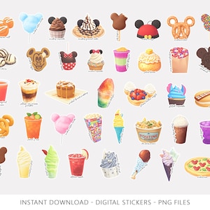 Op de afbeelding: Een verzameling digitale stickers met verschillende desserts en lekkernijen, waaronder cupcakes, ijs, pretzels en drankjes. De stickers hebben een cartoonstijl en zijn in heldere kleuren. De tekst onderaan luidt "INSTANT DOWNLOAD - DIGITAL STICKERS - PNG FILES."