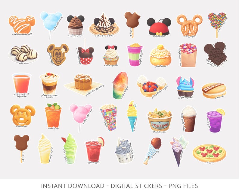 Op de afbeelding: Een verzameling digitale stickers met verschillende desserts en lekkernijen, waaronder cupcakes, ijs, pretzels en drankjes. De stickers hebben een cartoonstijl en zijn in heldere kleuren. De tekst onderaan luidt "INSTANT DOWNLOAD - DIGITAL STICKERS - PNG FILES."